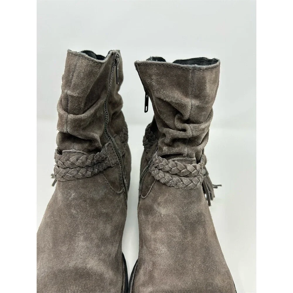 Born Womens Ankle Booties Gray Suede Slouch Braided Tassel Side Zip Size 10